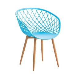 Tyylikäs retro-vierailutuoli puukuvioidulla metallirungolla ja muovi-istuimella