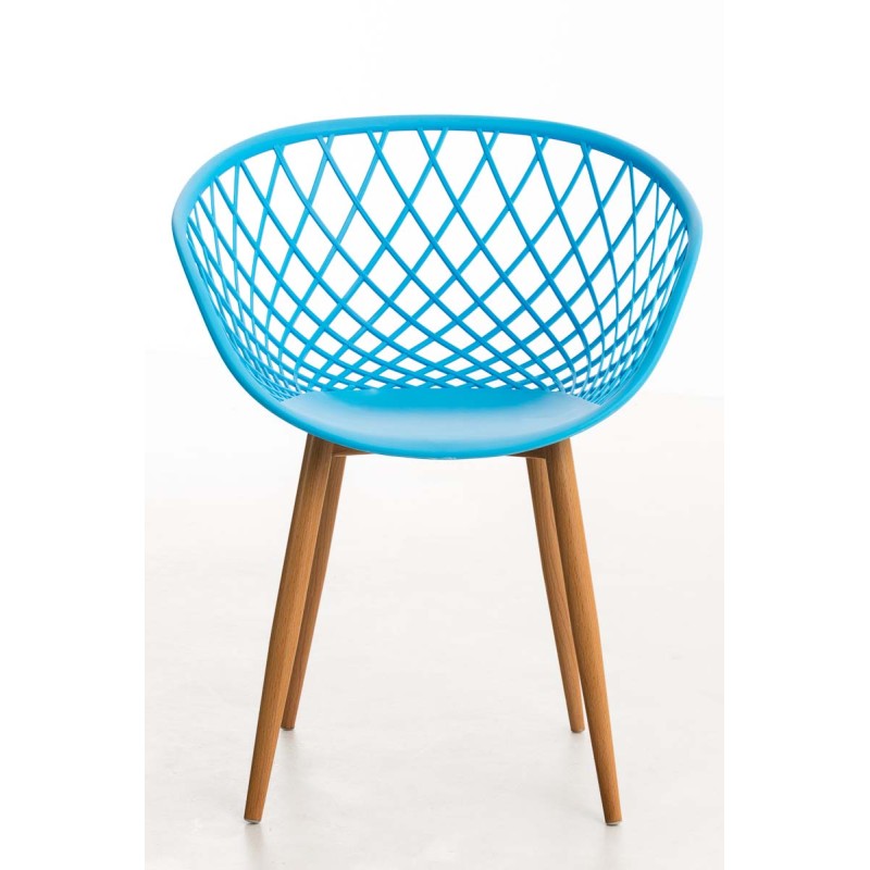 Tyylikäs retro-vierailutuoli puukuvioidulla metallirungolla ja muovi-istuimella