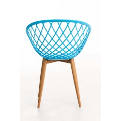 Tyylikäs retro-vierailutuoli puukuvioidulla metallirungolla ja muovi-istuimella