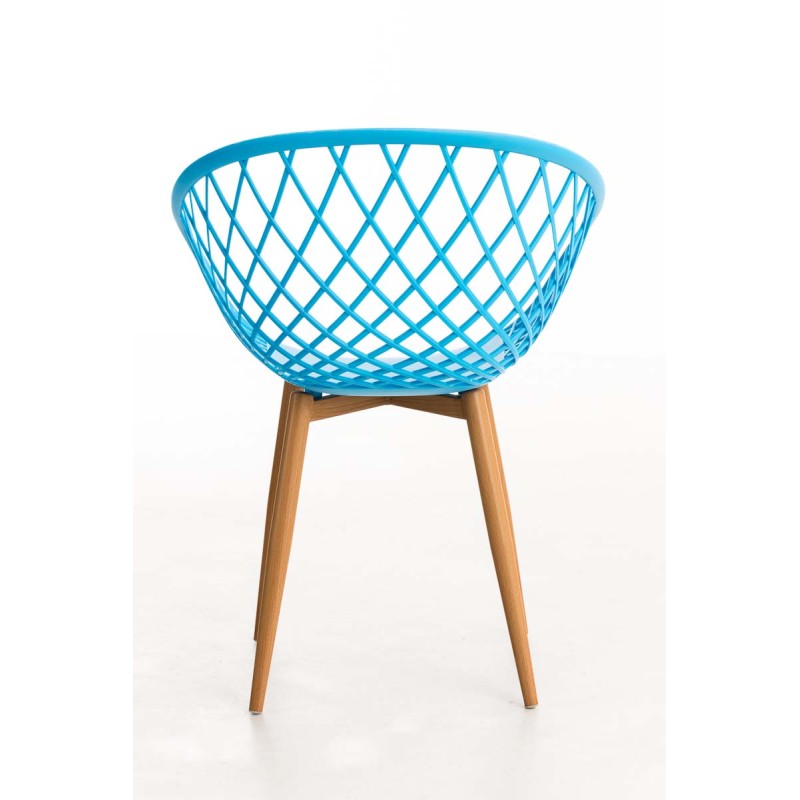 Tyylikäs retro-vierailutuoli puukuvioidulla metallirungolla ja muovi-istuimella