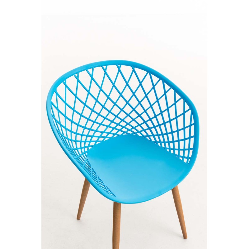 Tyylikäs retro-vierailutuoli puukuvioidulla metallirungolla ja muovi-istuimella