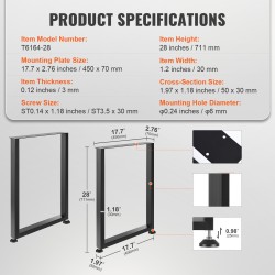 Säädettävät pöydänjalat hiiliteräsrakenne 711 mm poikkileikkaus 50×30 mm setti 2 kpl