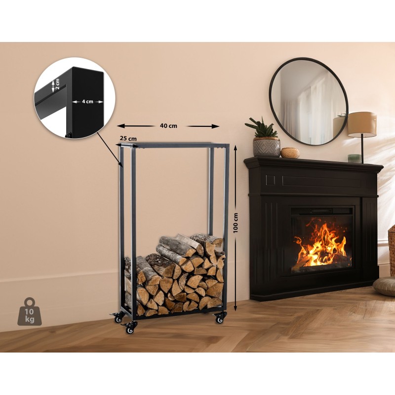 Tyylikäs pyörällinen polttopuuteline takkapuille eri kokoja saatavana