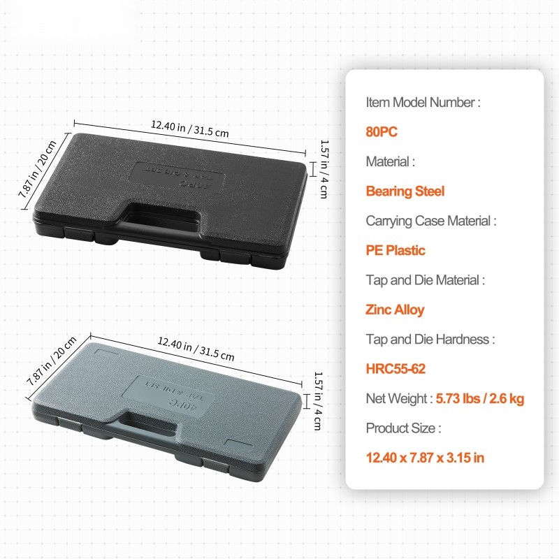 Kierretappi- ja kierretahasarja kahdeksankymmentä osaa laakeriterästä kantolaukulla