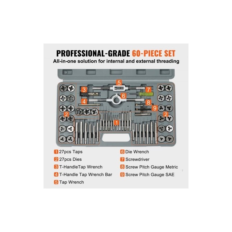 Kierretappi- ja kierretalasarja laakeriterästä 60 osaa ulko- ja sisäkierteille