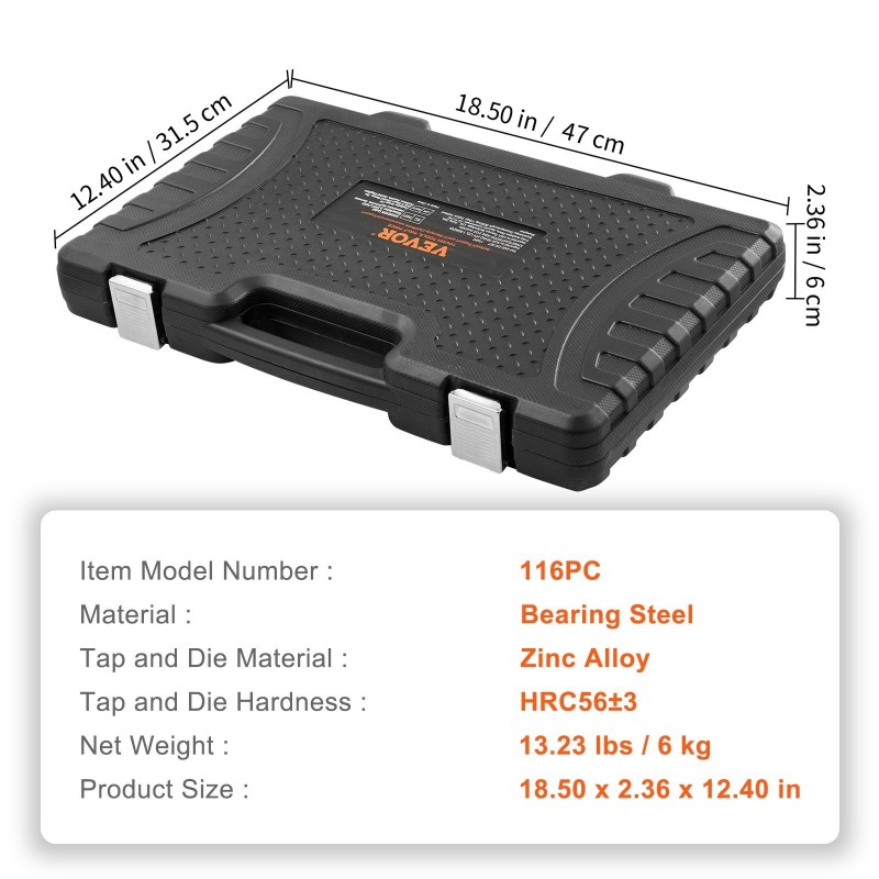Kierretappi- ja kierrepakkaussarja 116 osaa laakeriterästä metrisiä ja SAE-kokoja säilytyslaukulla