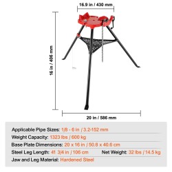 Kolmijalkainen ketjuruuvipuristin teräsrunkoinen kokoontaittuva putkikapasiteetti 3,2–152 mm työkaluallas 600 kg