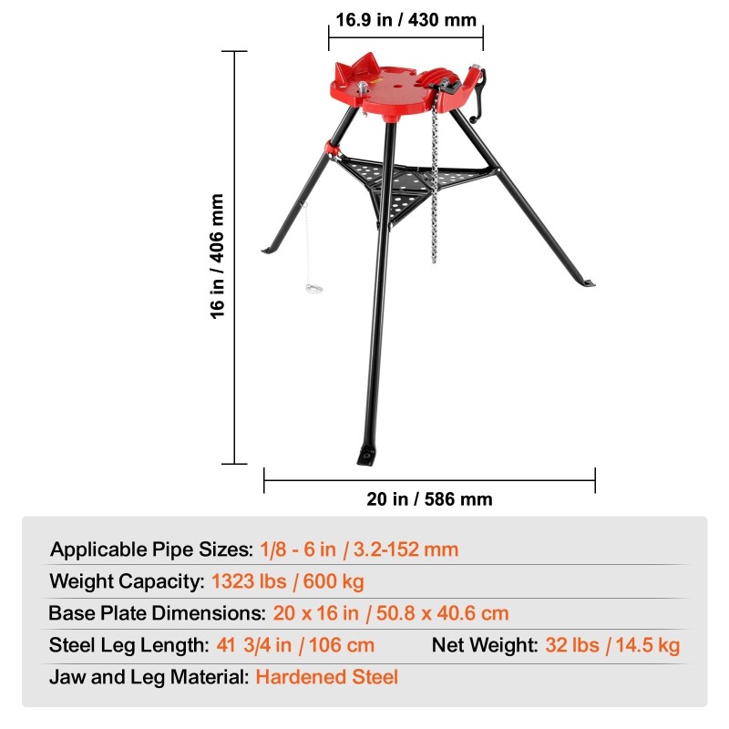 Kolmijalkainen ketjuruuvipuristin teräsrunkoinen kokoontaittuva putkikapasiteetti 3,2–152 mm työkaluallas 600 kg