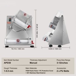 Automaattinen pizzataikinanlevytin 201-ruostumaton teräsrunko 3–12 tuuman pizzapohjille säädettävä 1–5,5 mm