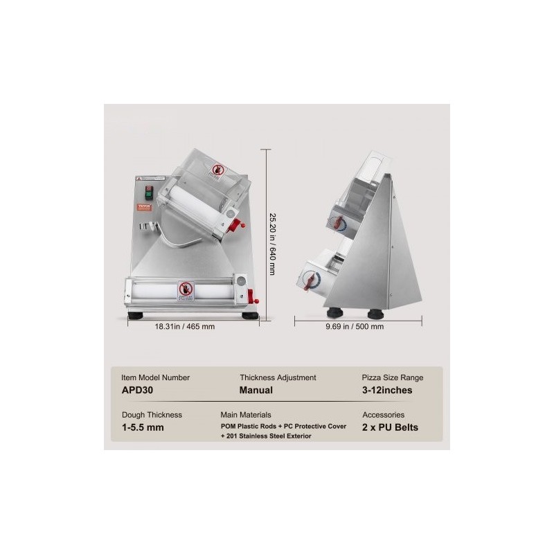 Automaattinen pizzataikinanlevytin 201-ruostumaton teräsrunko 3–12 tuuman pizzapohjille säädettävä 1–5,5 mm