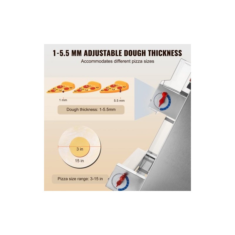 Taikinan kaulin sähköinen 201-ruostumaton teräsrunko 3–15 tuumaa 1–5,5 mm ammattikäyttöön