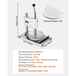 Manuaalinen pizzataikinan puristin ruostumattomasta teräksestä 9,5 tuuman 5 mm 100 leivinpaperiarkkia