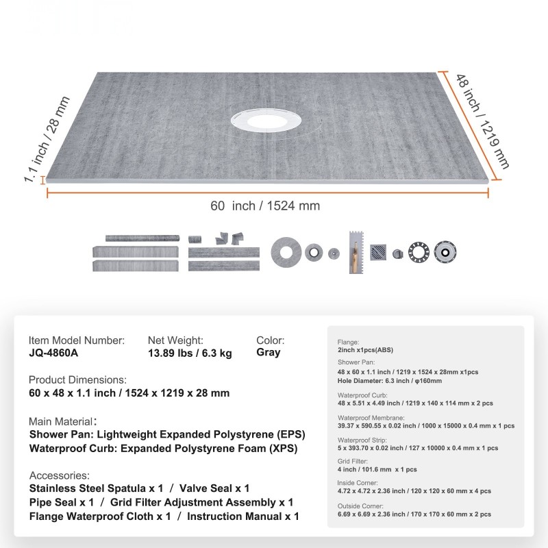 Suihkupohjasarja EPS 1219 x 1524 mm 50,8 mm ABS-keskilaippa 304-ruostumaton teräsritilä vesieristyskalvo