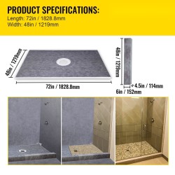 Suihkualustasarja vesitiivis 1219 x 1829 mm keskitetylle lattiakaivolle ABS-laipalla XPS-kynnyksillä