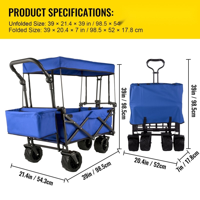 Taitettava kangasvaunu katoksella 600D polyesterikankaalla 100 kg kantokyky jauhemaalattu teräsrunko