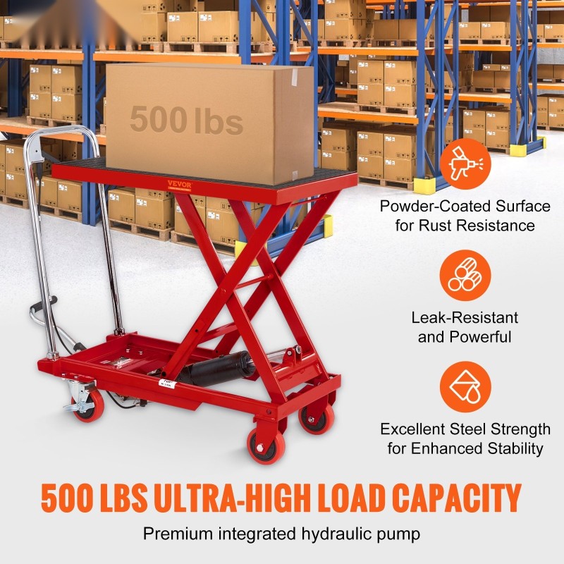 Hydraulinen saksinostopöytäkärry teräsrunko 230 kg kantavuus 220–720 mm nostokorkeus lukittavat pyörät