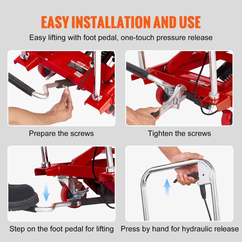 Hydraulinen saksinostopöytäkärry teräsrunko 230 kg kantavuus 220–720 mm nostokorkeus lukittavat pyörät