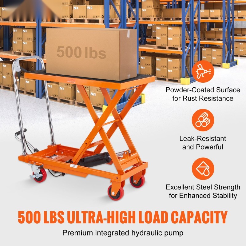 Hydraulinen saksinostopöytä manuaalinen 230 kg 220–720 mm 4 pyörää