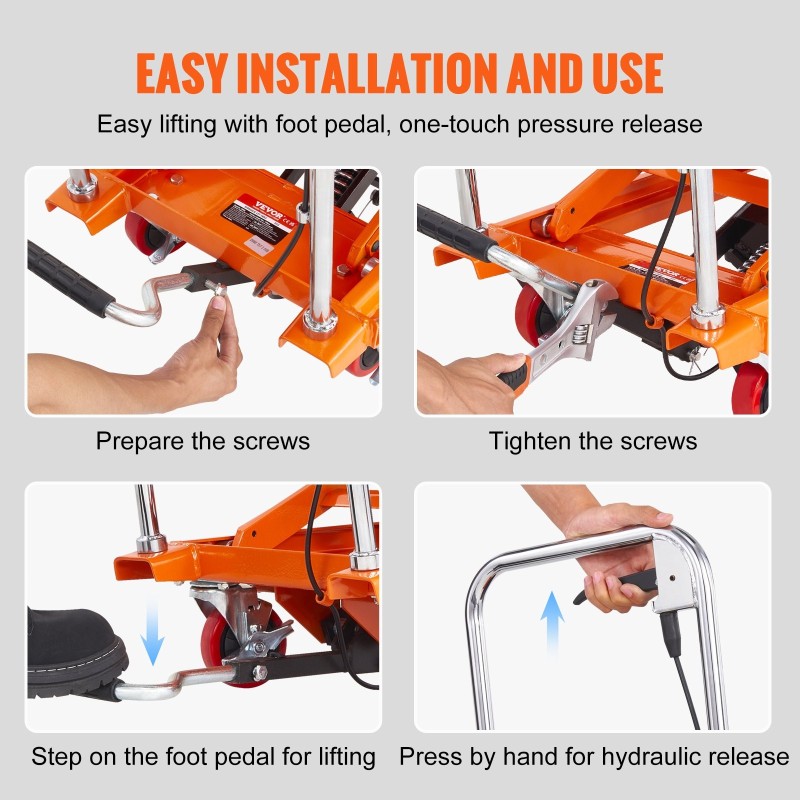 Hydraulinen saksinostopöytä manuaalinen 230 kg 220–720 mm 4 pyörää