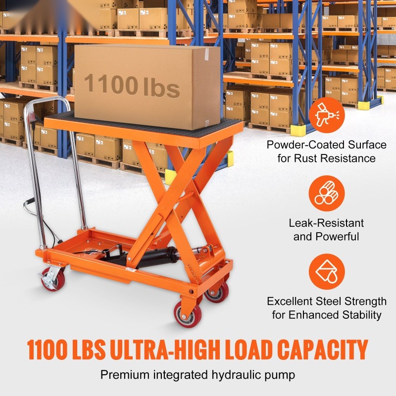 Hydraulinen saksinostopöytäkärri pulverimaalattu teräsrunko 500 kg 285–900 mm 4 lukittavaa pyörää