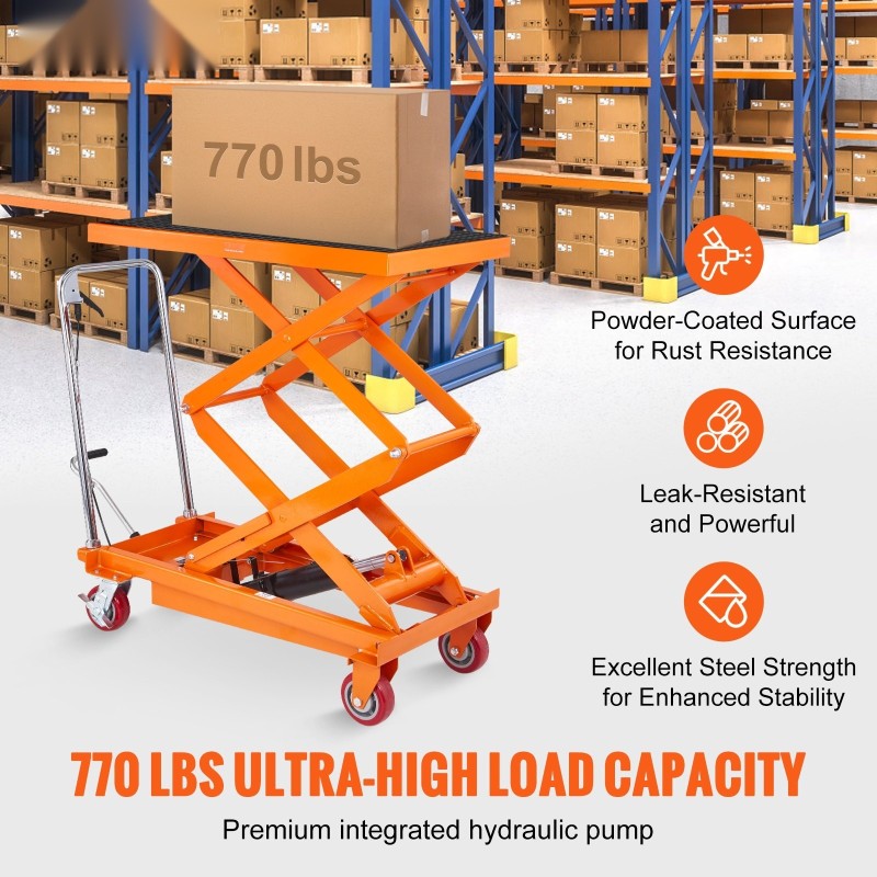 Hydraulinen saksinostopöytäkärry kylmävalssattu teräs 350 kg 350–1530 mm 905×510 mm 4 pyörää