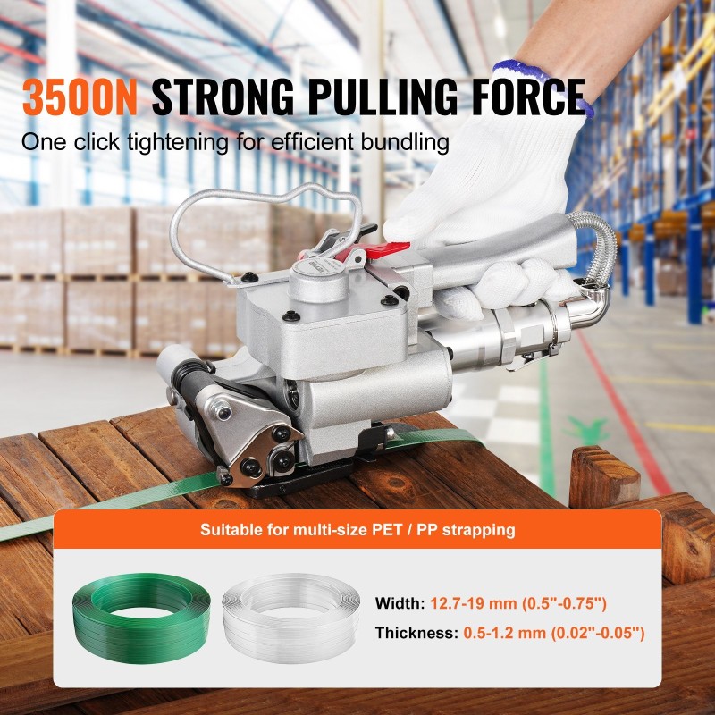 Paineilmatoiminen kiristyskone alumiiniseosrunko PP- ja PET-vanteille 1/2–3/4 tuuman