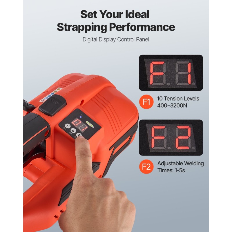 Sähkökäyttöinen vannekiristin PP ja PET vanteille 9–16 mm kaksi akkua digitaalinen näyttö