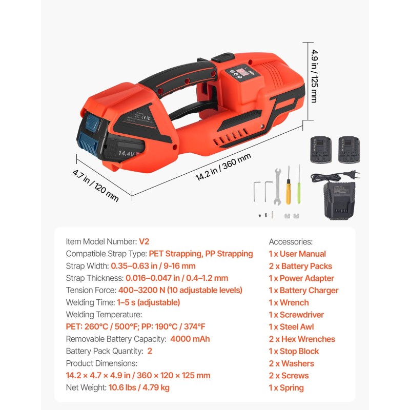 Sähkökäyttöinen vannekiristin PP ja PET vanteille 9–16 mm kaksi akkua digitaalinen näyttö