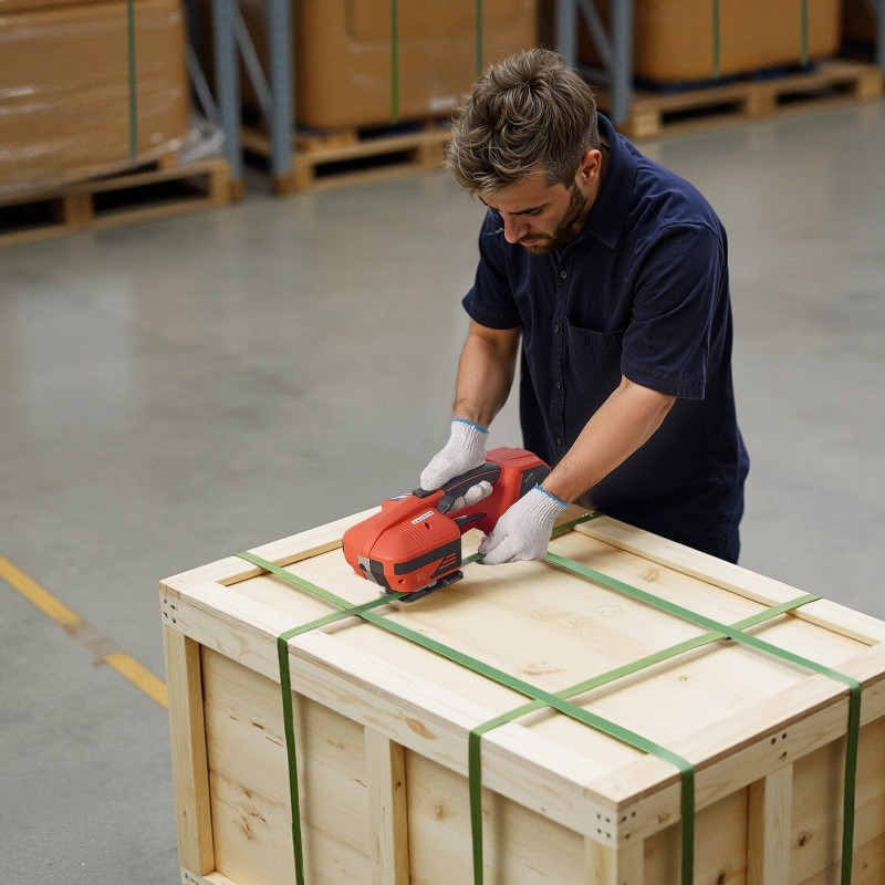 Sähkökäyttöinen vannekiristin PP ja PET vanteille 9–16 mm kaksi akkua digitaalinen näyttö