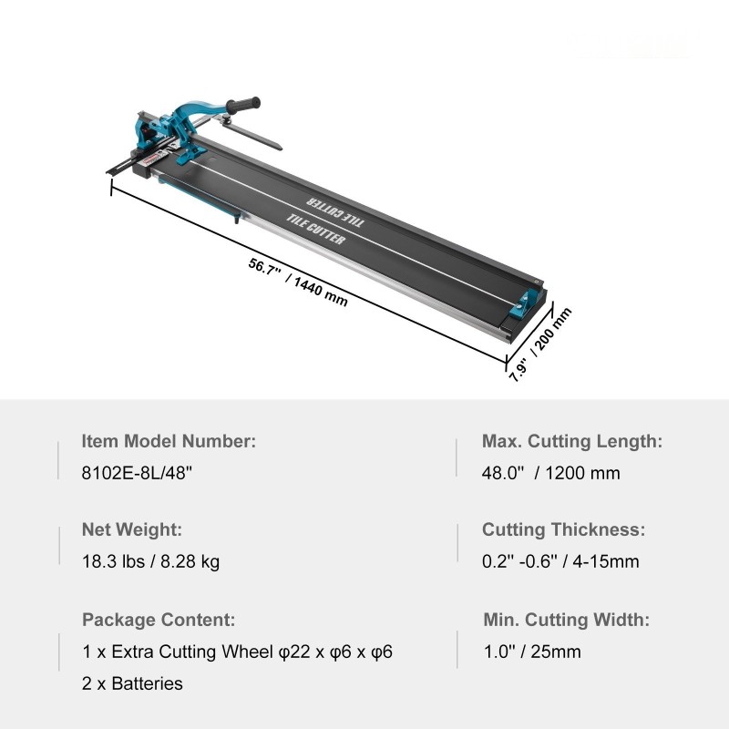 Manuaalinen laattaleikkuri teräs- ja alumiinirakenne 1200 mm tungstenkarbidinen leikkuupyörä infrapunasuunnistus liukumattomat