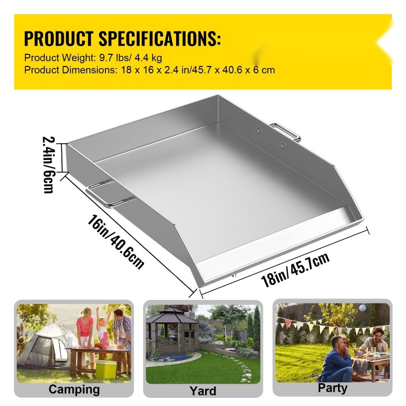 Ruostumaton teräs paistolevy 40,6 x 45,7 cm kolmipolttimiselle liedelle rasvanpoistoaukolla