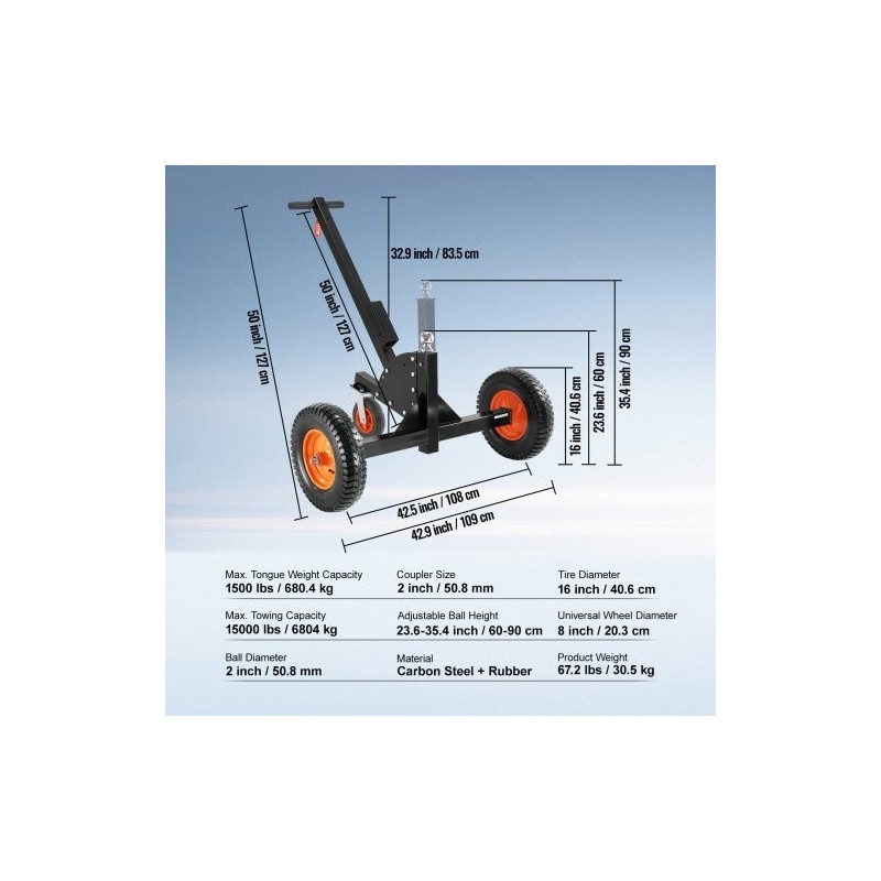 Perävaunun siirtäjä hiiliteräs 680 kg 60–90 cm kuula 16 tuuman renkailla