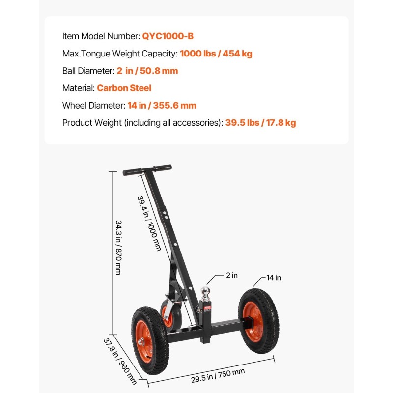 Peräkärryn siirtovaunu hiiliteräs 454 kg aisapaino 50,8 mm vetokuula 355,6 mm ilmakumit