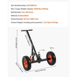 Peräkärryn siirtäjä hiiliteräs 544 kg aisapaino 2 tuuman vetokuula 15,2 tuuman ilmakumirenkaat