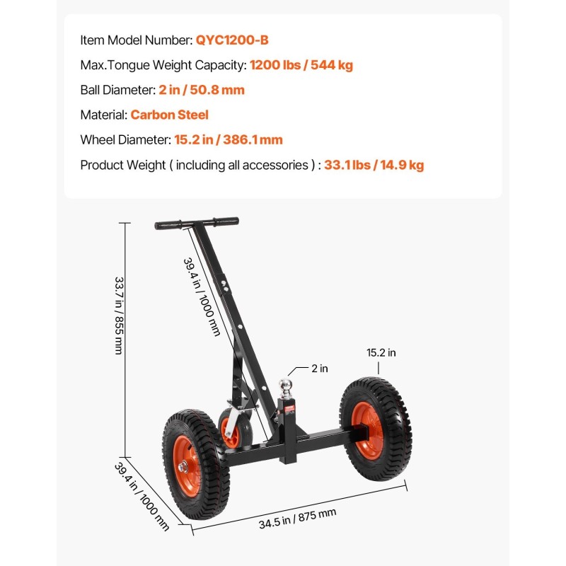 Peräkärryn siirtäjä hiiliteräs 544 kg aisapaino 2 tuuman vetokuula 15,2 tuuman ilmakumirenkaat