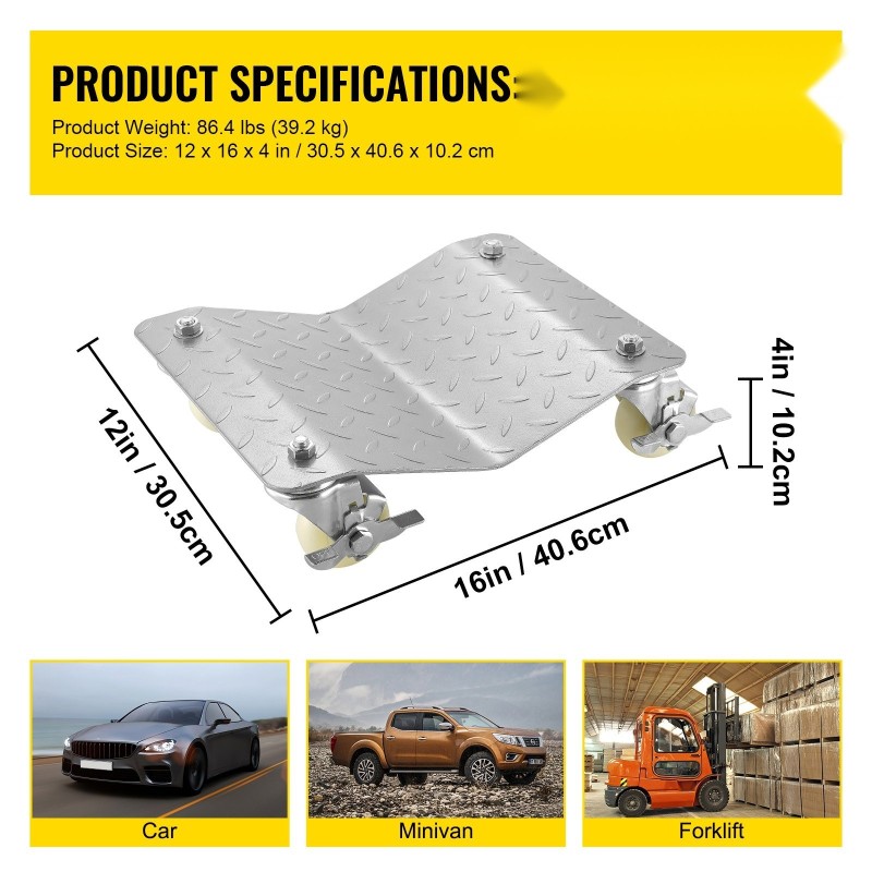 Ajoneuvon siirtovaunut 2 kpl teräs 500 kg vaunua kohti 406x305 mm