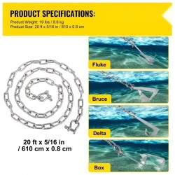Ankkurikettinki 316-ruostumattomasta teräksestä 6,1 m 8 mm kaksi D-sakkelia pienille veneille
