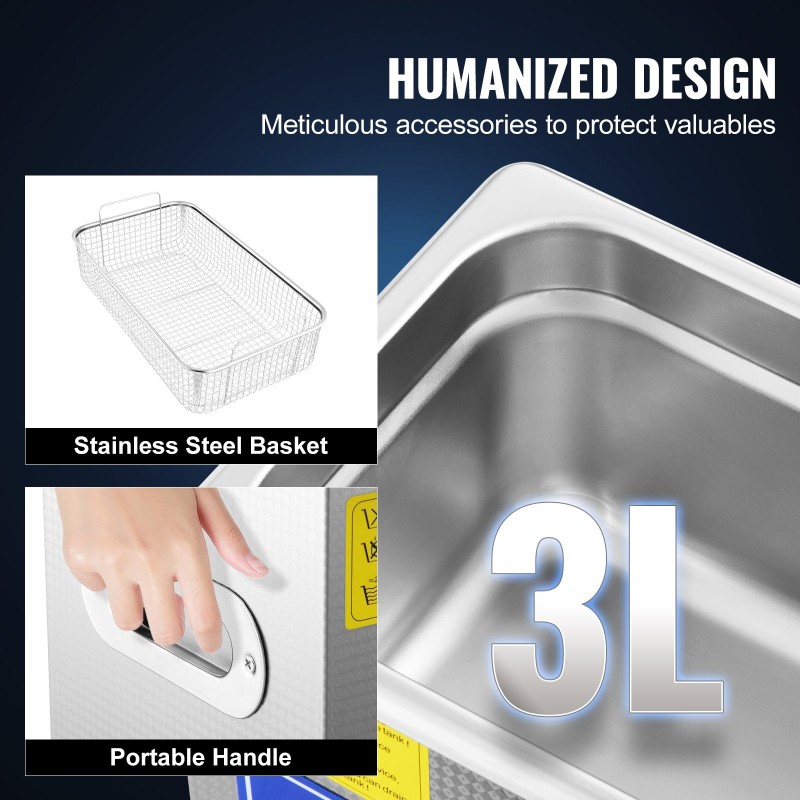 Ultraäänipesuri 2,85 litraa 304 ruostumatonta terästä 40 kilohertsiä digitaalinen ajastin lämmityksellä