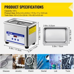 Ultraäänipesuri 0,8 l 304-ruostumaton teräsallas 40 kHz 24 W ajastin LED-näytöllä