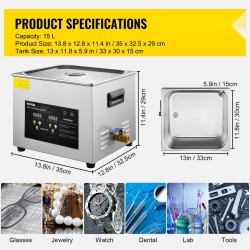 Ultraäänipesuri 15 L digitaalinen 360W ultraääni 600W lämmitin ruostumaton teräs