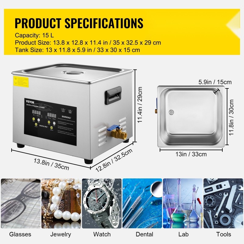 Ultraäänipesuri 15 L digitaalinen 360W ultraääni 600W lämmitin ruostumaton teräs