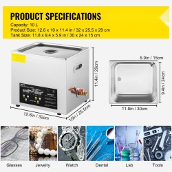 Ultraäänipesuri 10 L 304-ruostumaton terässäiliö 40 kHz 240W ultraääniteho 400W lämmitys