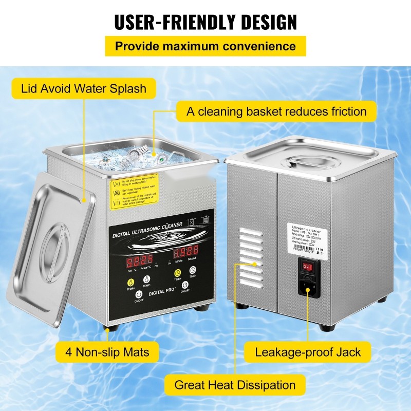 Ultraäänipesuri 2L 304-ruostumatonta terästä 40kHz 60W ultraääni 200W lämmitys