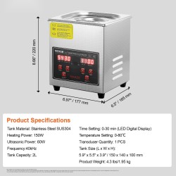 Ultraäänipuhdistin 2 L ruostumatonta terästä 40 kHz digitaalinen ajastin säädettävä lämmitys