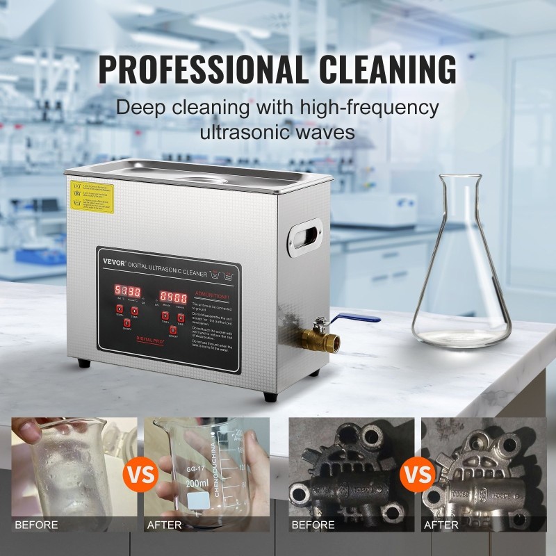 Ultraäänipesuri ruostumaton teräs 6L säiliö 40kHz digitaalinen ajastin lämmityksellä