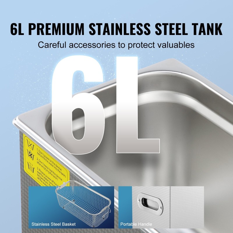 Ultraäänipesuri ruostumaton teräs 6L säiliö 40kHz digitaalinen ajastin lämmityksellä