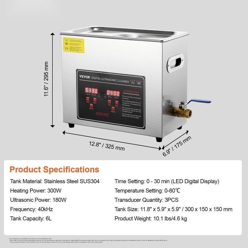 Ultraäänipesuri ruostumaton teräs 6L säiliö 40kHz digitaalinen ajastin lämmityksellä