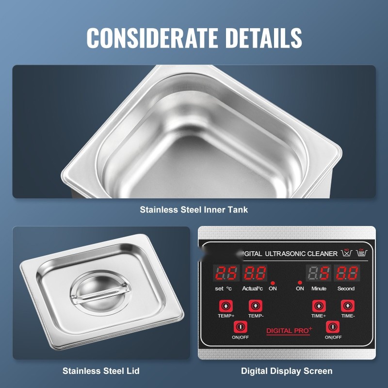Ultraäänipuhdistin 1,3l 40kHz 50W ultraääni 50W lämmitys 304 ruostumaton teräs