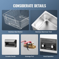 Ultraäänipesuri 10 l ruostumattomasta teräksestä lämmöllä ja ajastimella