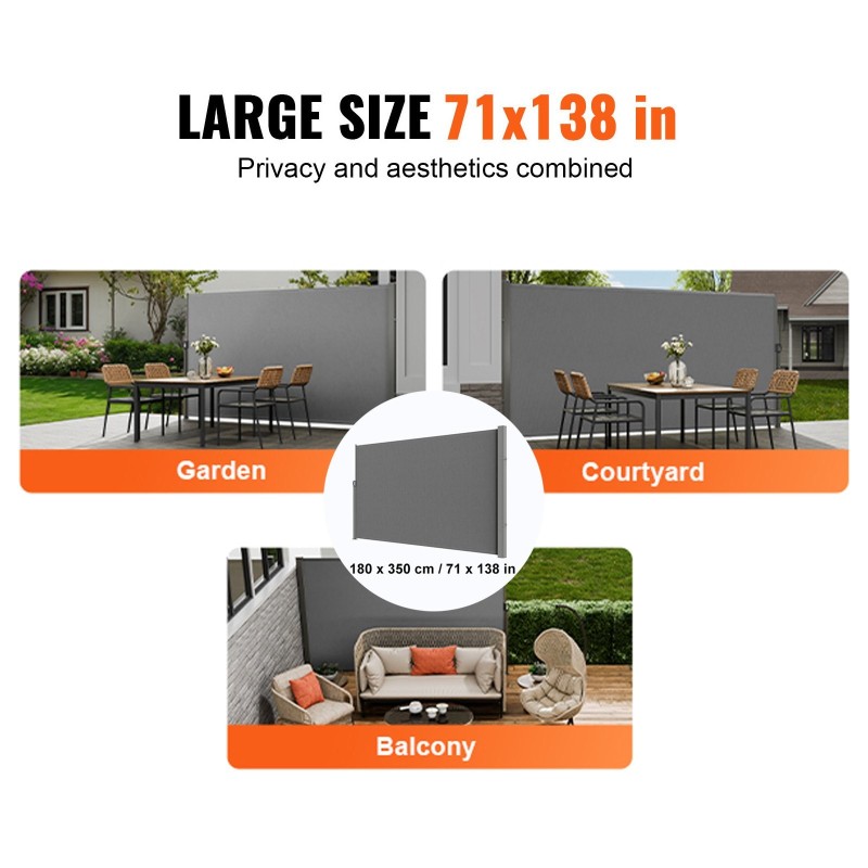 Rullattava sivumarkiisi 180×350 cm polyesterikangas PU-pinnoite vedenpitävä harmaa